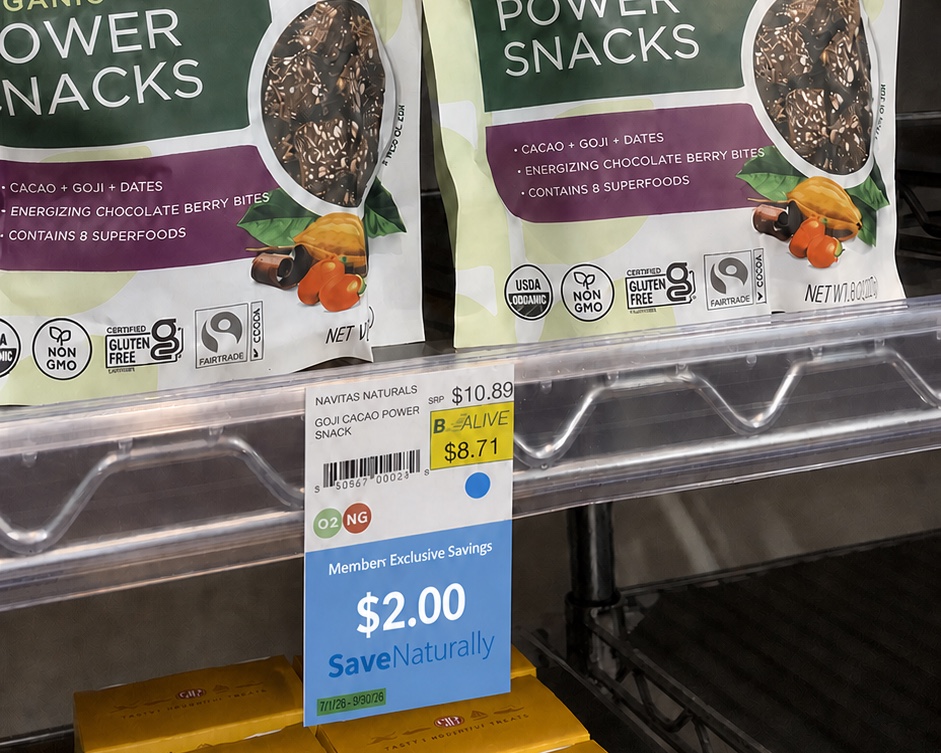 SaveNaturally shelf tag displayed with Navitas Organics products in a store